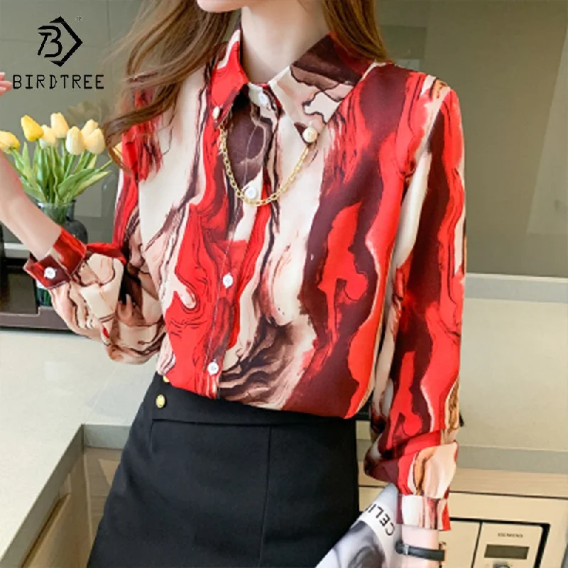 Fashion Ladies Long Lantern Sleeve Printed Shirts Elegant Casual Loose Blouses OL Chiffon Shirt Tops For Spring Autumn Silky Tunic Blouse