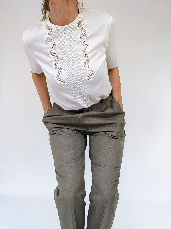 White lace fronted blouse with button back Chic Ruffle Blouse