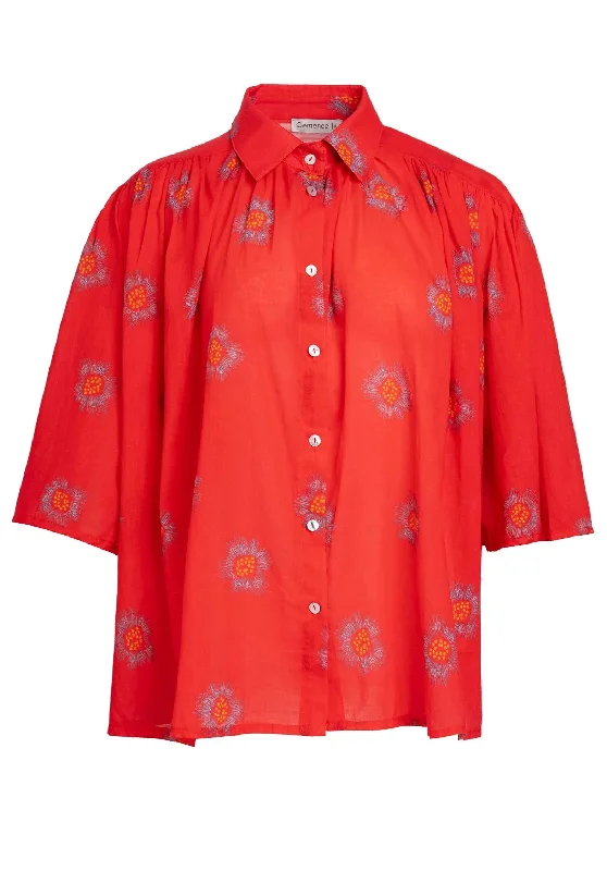 Blouse 13019 Print Red-Flower Embroidered Floral Blouse