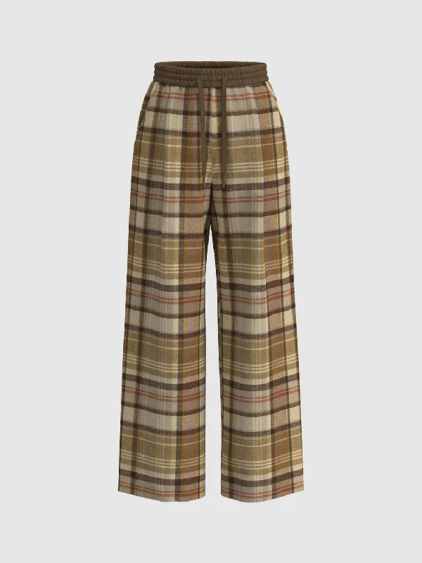 Drawstring Plaid Wide-Leg Pants Stylish Paperbag Waist Pants