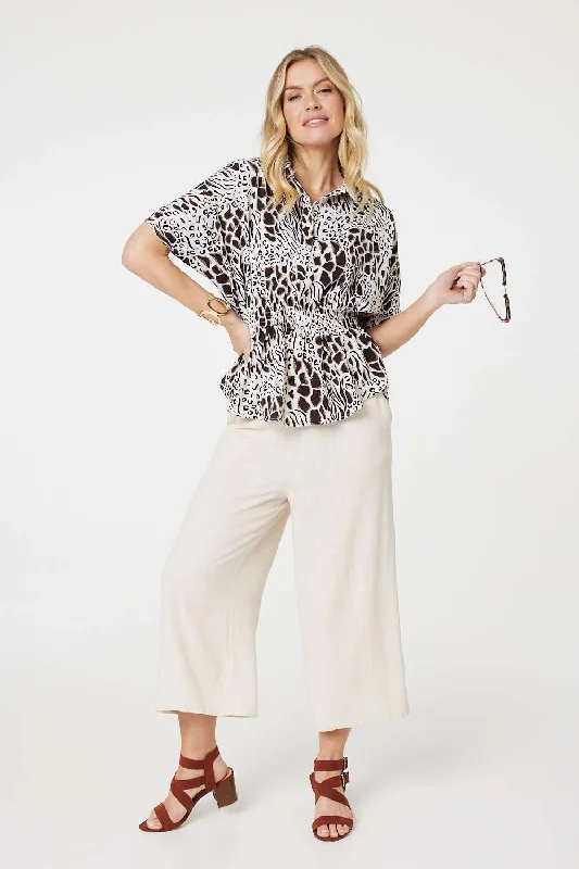 Animal Print Shirred Waist Blouse Sheer Mesh Blouse