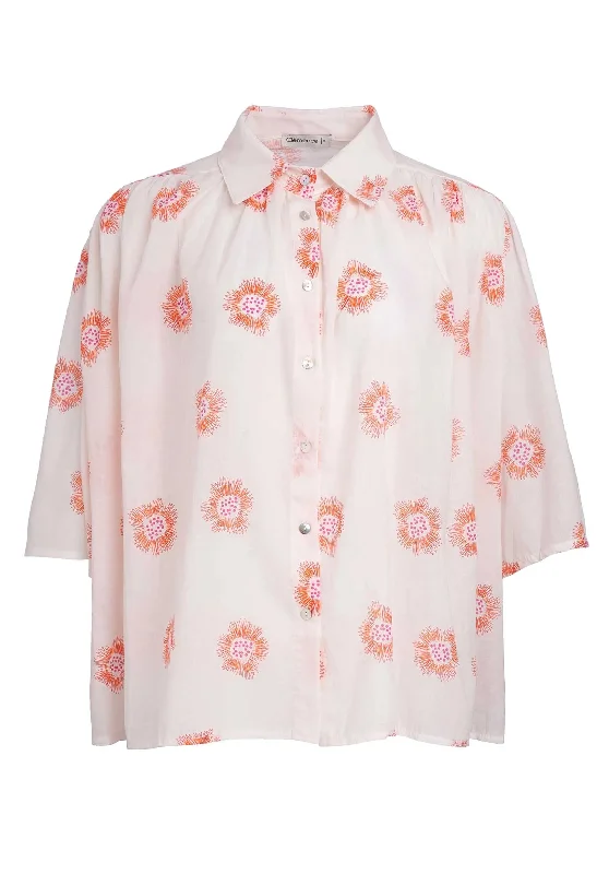 Blouse 13019 Print White-Flower Ruffled Neck Blouse