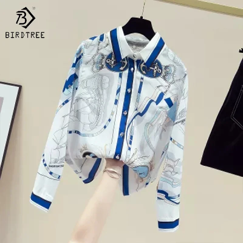 Women's Long Sleeve Shirts Elegant Creative Printed Casual Loose Blouses Chiffon Shirt Tops Autumn Spring Sweetheart Neck Blouse