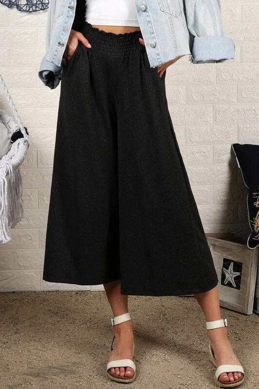 Smocked Gaucho Pants with Pockets Lightweight Linen Pants