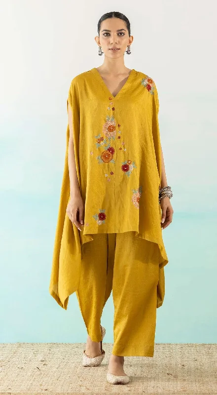 Yellow Embroidered Asymmetric Kurta And Pants Modern Stretch Trousers