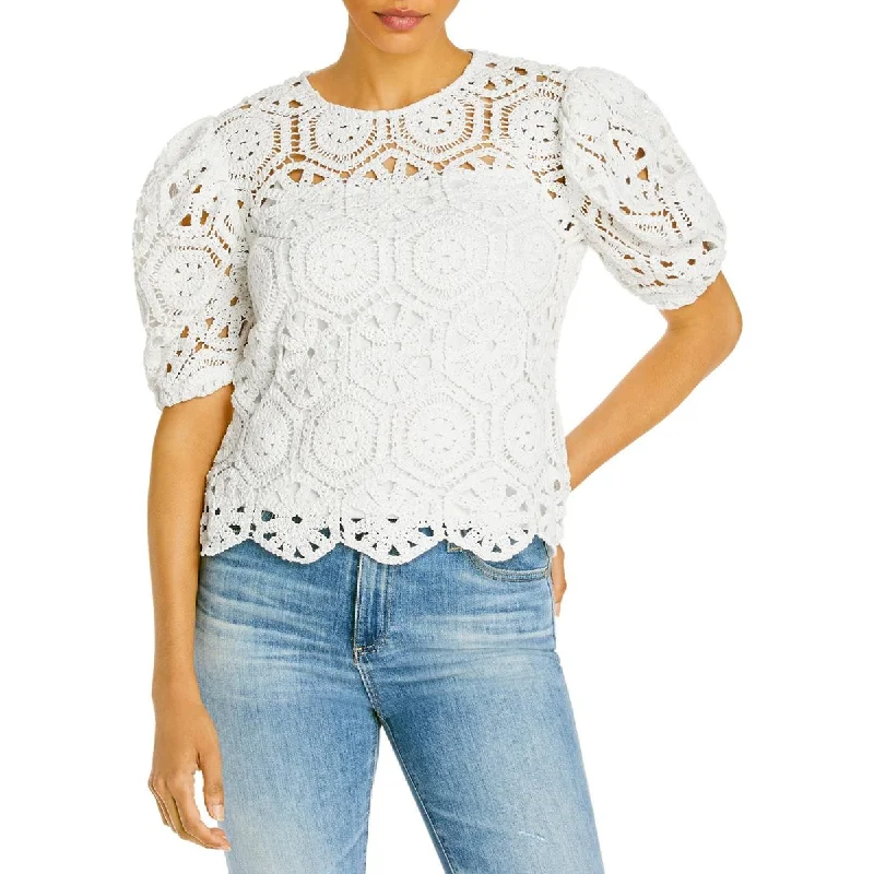 Aqua Womens Crochet Puff Sleeves Blouse Double-Layered Blouse