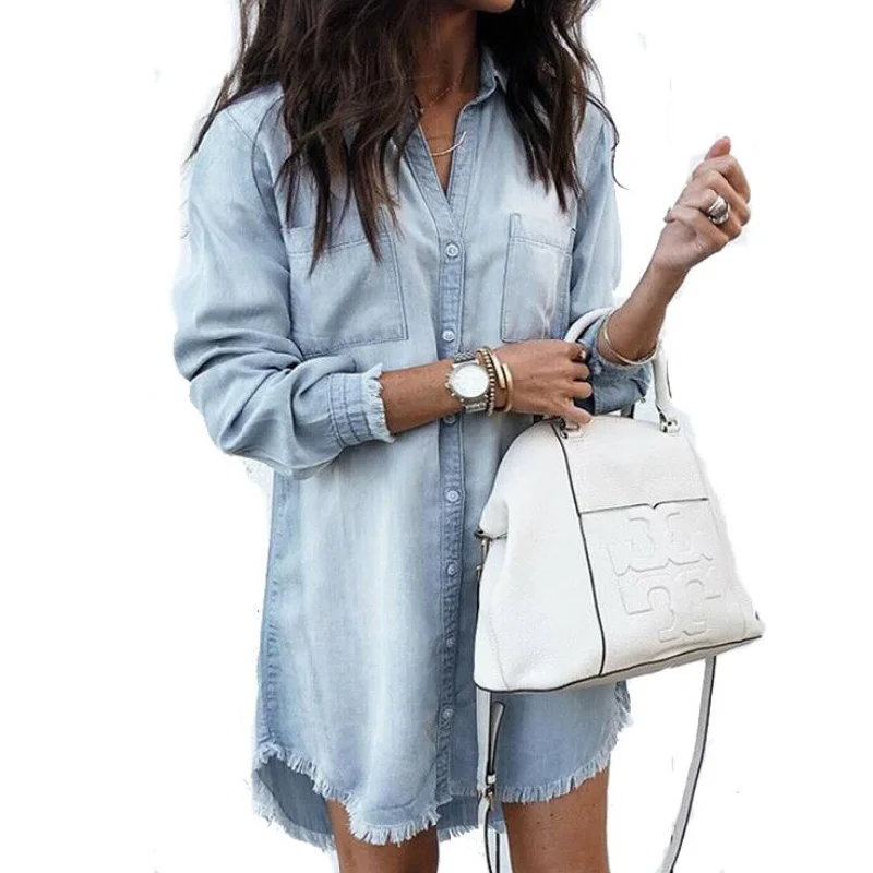 Big Plus Size Sexy Womens Blouse Long Sleeve Denim Shirts Clothes Fashion Autumn Street Wear Female Tops and Blouses Y12074 Textured Cotton Blouse