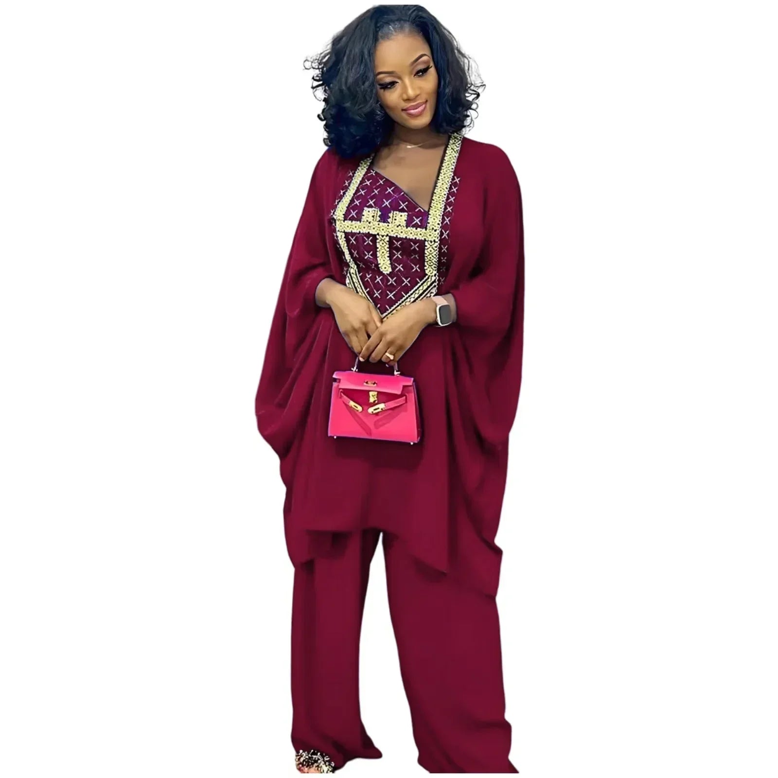 Stylish African Ensemble: Embroidered 3/4 Sleeve Top with Matching Pants for Women Trendy Work Pants Stylish African Ensemble: Embroidered 3/4 Sleeve Top with Matching Pants for Women Trendy Work Pants