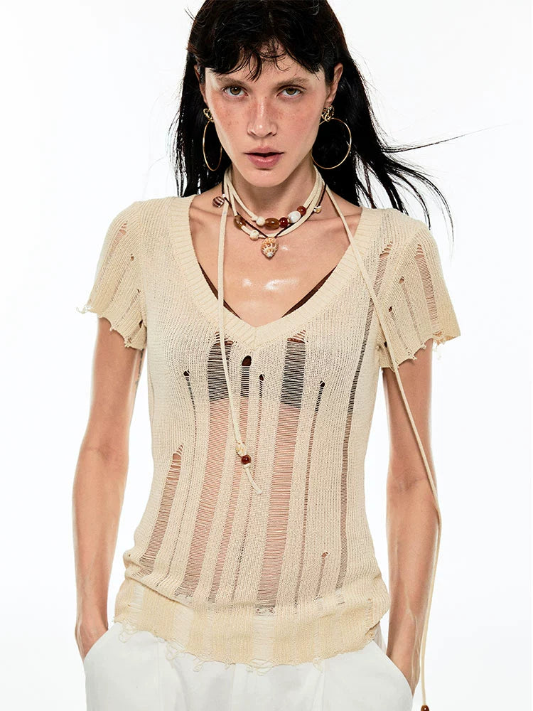 Distressed V-Neck Irregular Cover-Up Blouse Office-Ready Blouse