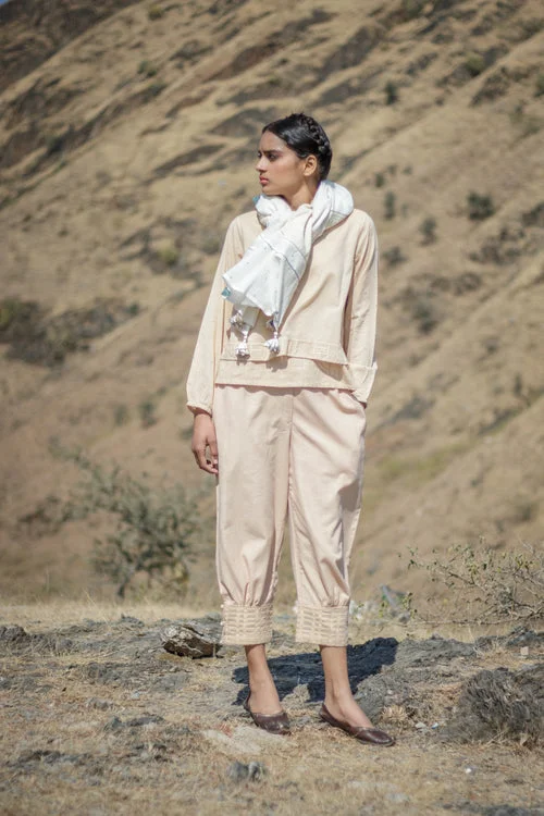 Beige Cuff Pants with Cutwork Embroidery Hem Elegant Wool Trousers