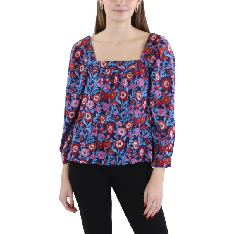 Vineyard Vines Womens Square Neck Floral Blouse Sheer Sleeve Blouse