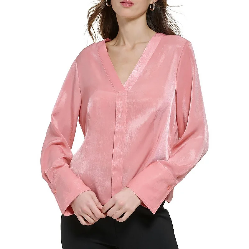 DKNY Womens Satin V-Neck Blouse Soft Modal Blouse