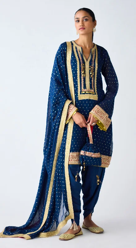 Blue Zari Work Kurta Set with Dhoti Pants Formal Slim Pants