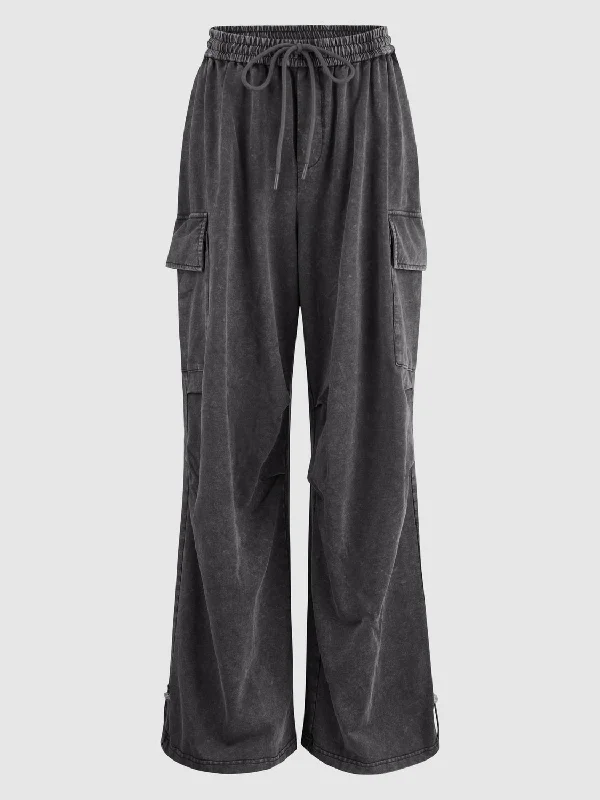 Elastic Flap Pocket Wide-Leg Pants Cozy Full-Length Pants