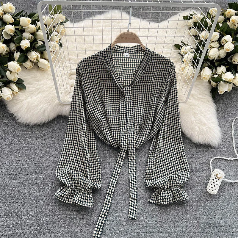 Chic Houndstooth Bandage Bow Neck Blouse Lady Elegant Long Sleeve Office Shirts Tops For Women Top Fashionable Stylish Wrap Blouse