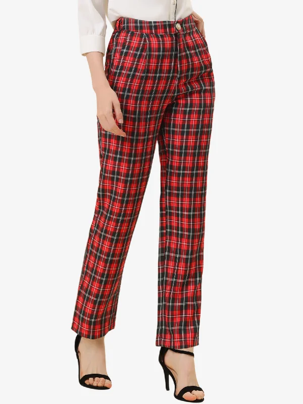 Plaid Elastic Waist Casual Work Office Long Pants Trendy Work Pants