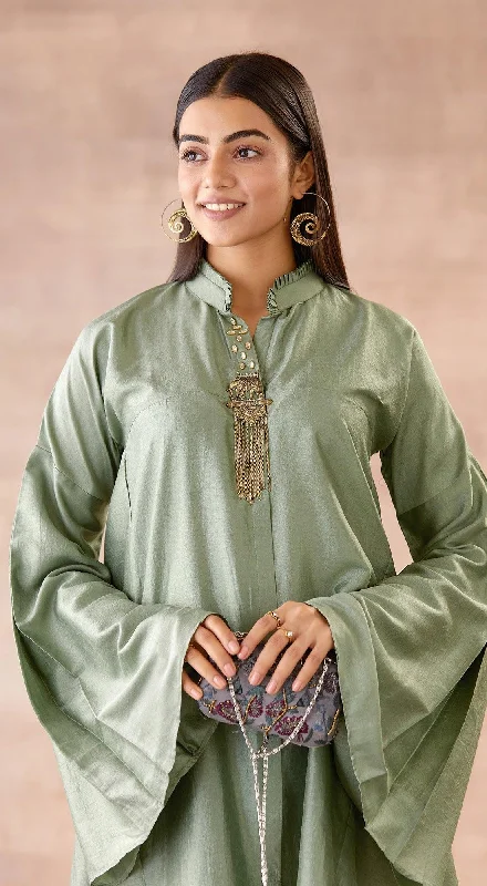 Metallic Green Cord Set with Flared Sleeves and Pants Casual Drawstring Pants