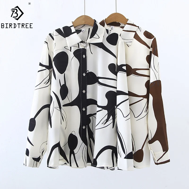 Women Shirts New Spring Girls Loose Abstrict Printing Long Sleeve Autumn Blouses All Match Tops European Style T25406N Silky Draped Blouse