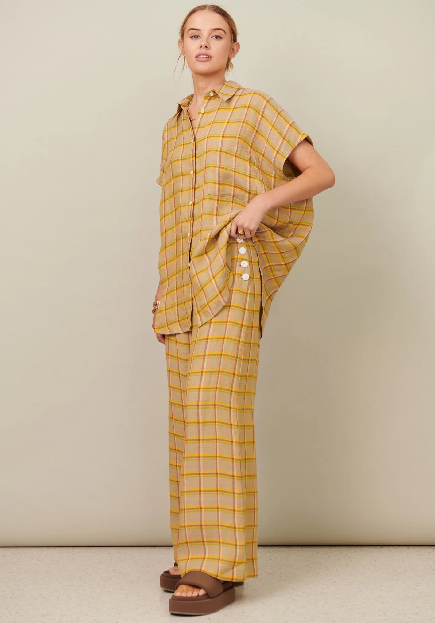 POL Clothing Amara Side Button Pant in Amara Check Classic Bootcut Trousers