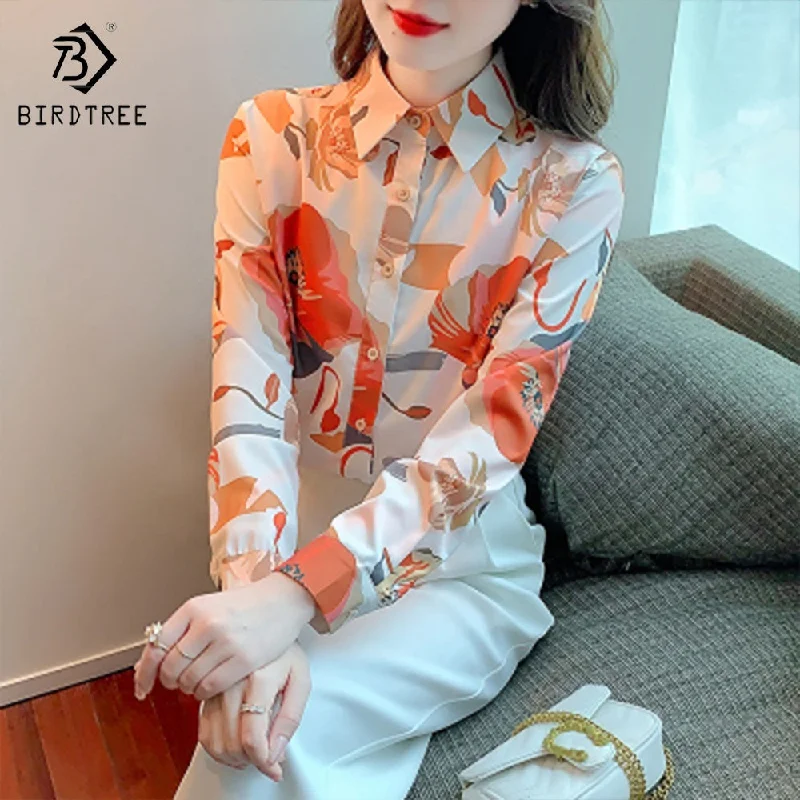 Women Long Sleeve Printed Shirts Elegant Casual Loose Blouses Chiffon Shirt Tops For Spring Autumn Chic Square Blouse