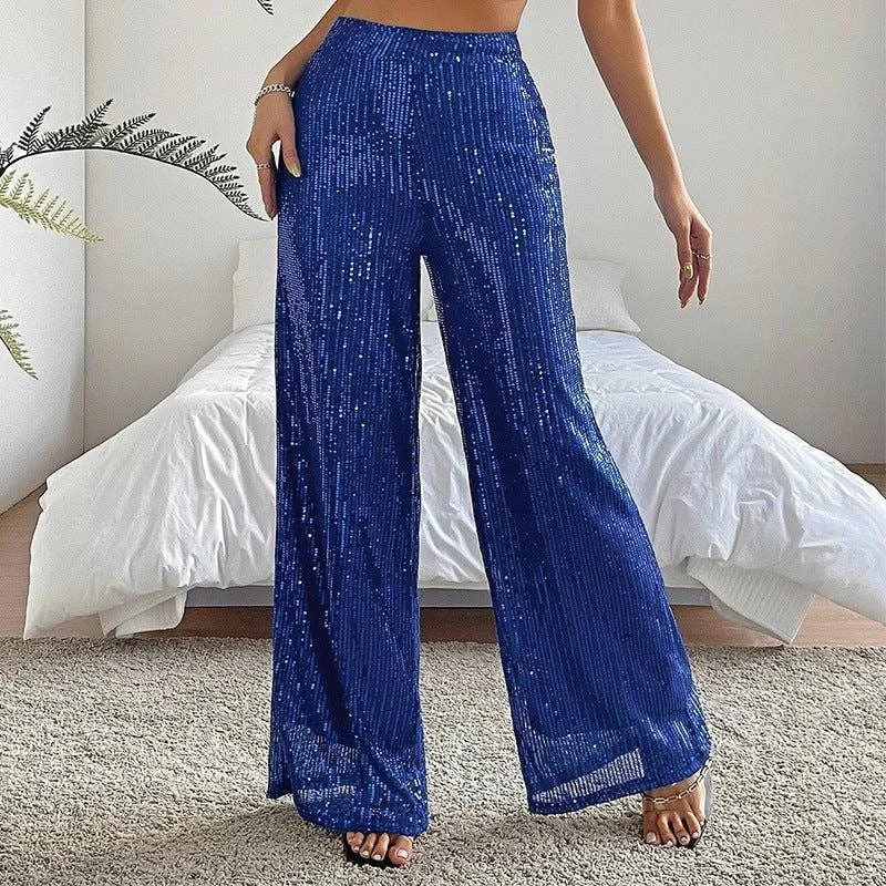 Ladies Solid Glitter Sequin Wide Leg Pants R9175 Stylish Elastic Waist Pants