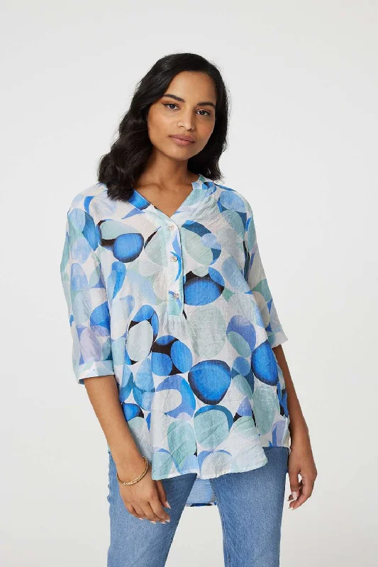 Printed 1/2 Sleeve Curve Hem Blouse Soft Satin Blouse