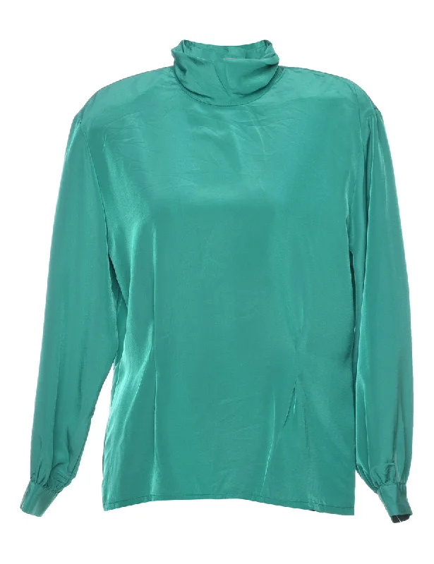 Long Sleeved Green Blouse - L Satin Bow Blouse