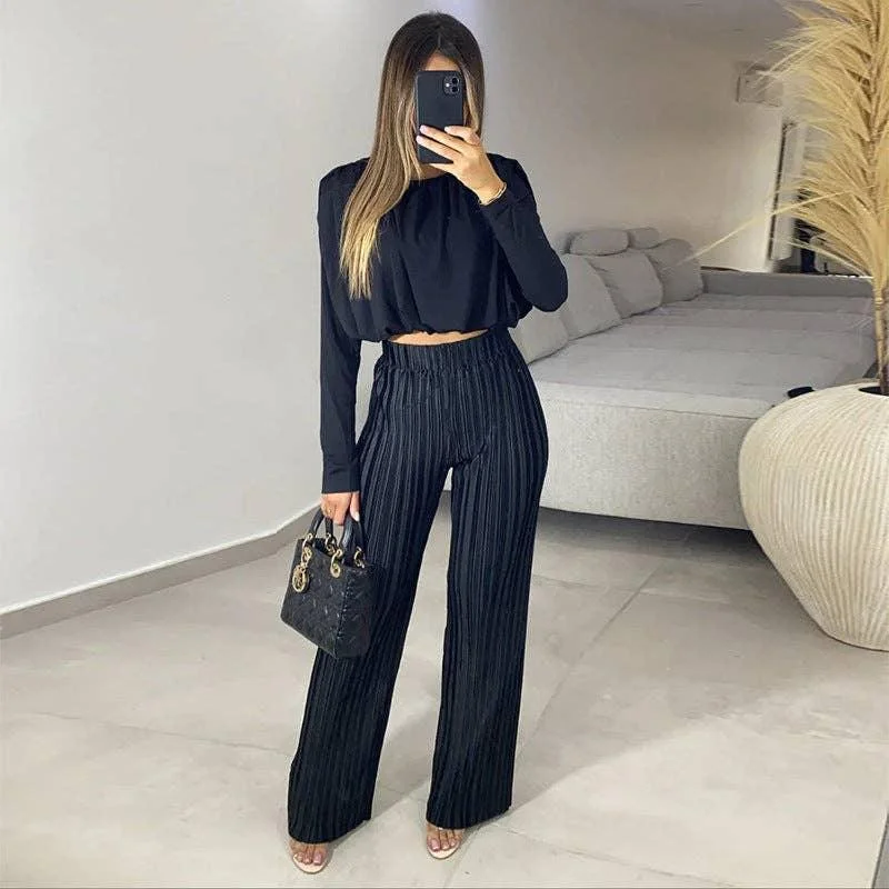 Long Sleeves Short Top High Waist Pants Ladies Set HK3009 Soft Stretch Pants