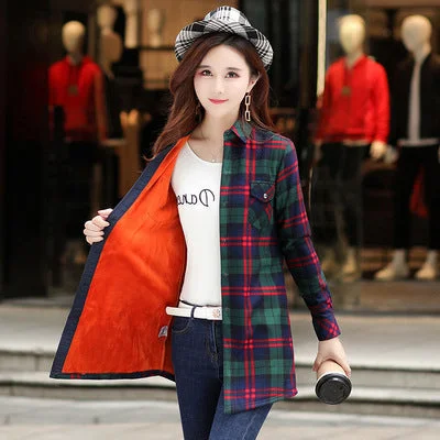 Velvet Thick Warm Women's Plaid Shirt Female Long Sleeve Tops M-5XL Winter Fleece Casual Check Blouse Autumn Clothes T18620Y Pleated Collar Blouse