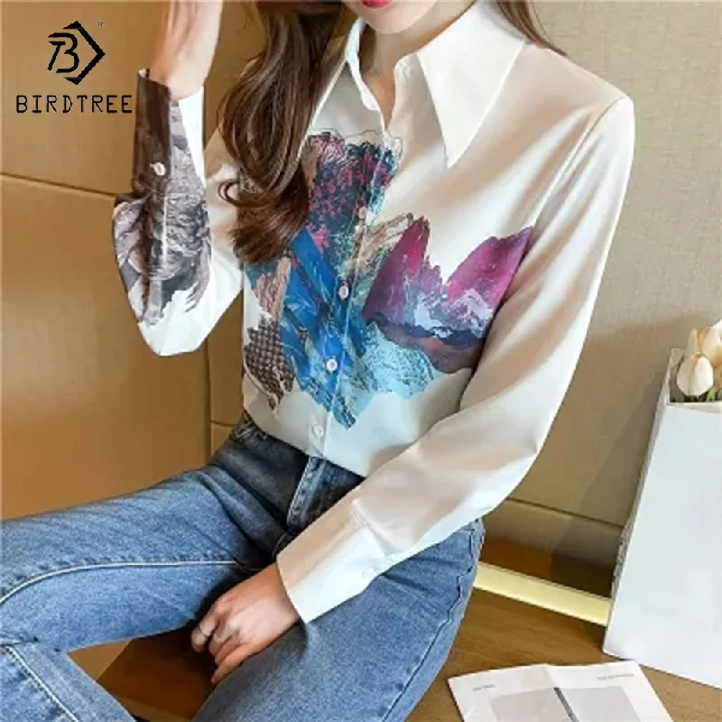 Fashion Ladies Long Sleeve Graffiti Printed Shirts Elegant Casual Loose Blouses Chiffon Shirt Tops For Spring Autumn Satin Bow Blouse