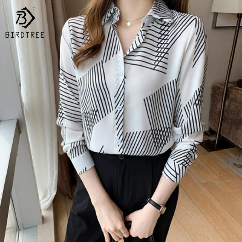 Ready to Ship Women's Long Sleeve Geometry Printing Shirts Elegant Casual Blouses Satin Shirt Tops For Spring Autumn Elegant Silk Blouse