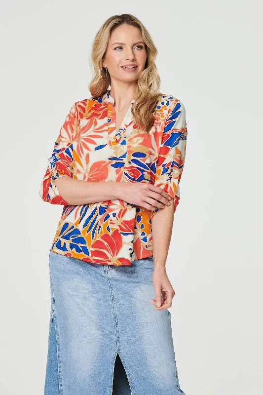 Leaf Print V-Neck 3/4 Sleeve Blouse Floral Print Blouse