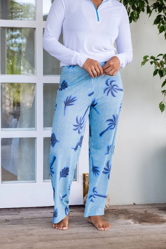 Wide Leg UPF50 Pant - Blue Palm Print Fashionable Button-Up Pants