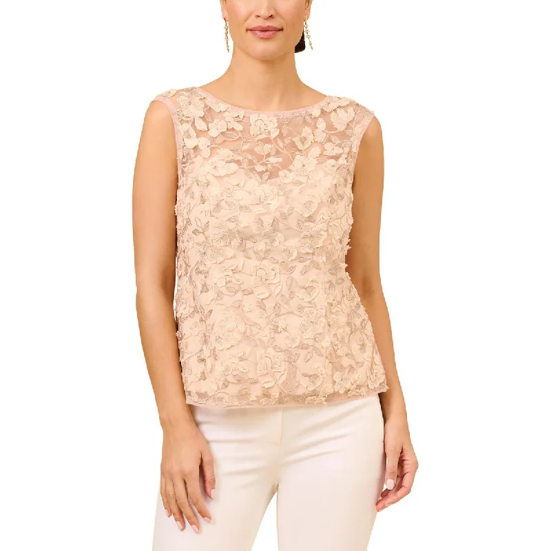 Adrianna Papell Womens Embroidered Mesh Blouse Feminine Satin Blouse