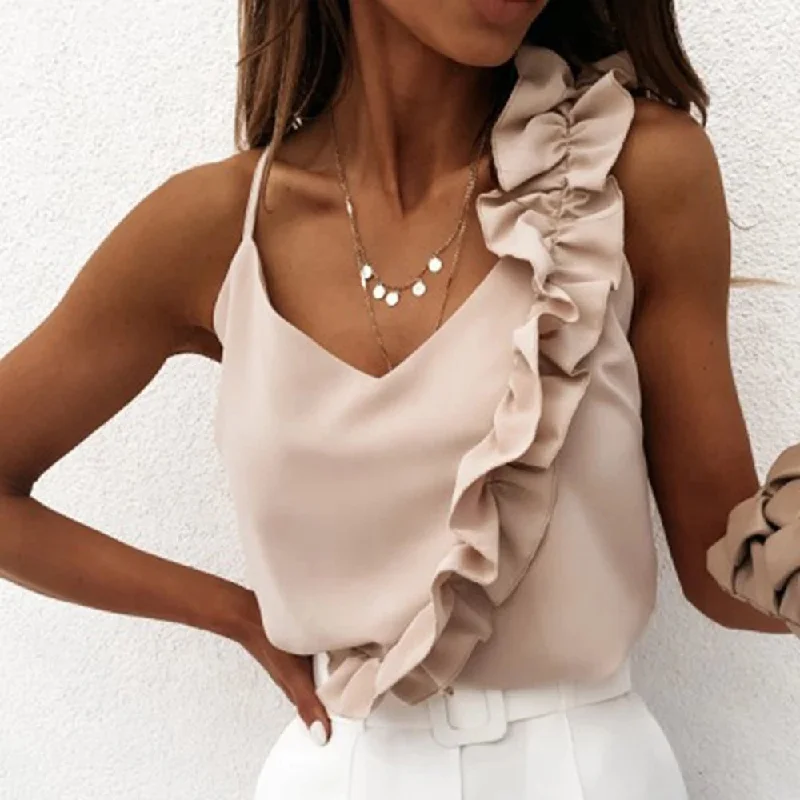 Women Summer Blouse Shirts Sexy V Neck Ruffle Blouses Backless Spaghetti Strap Office Ladies Sleeveless Casual Tops Short Sleeve Blouse