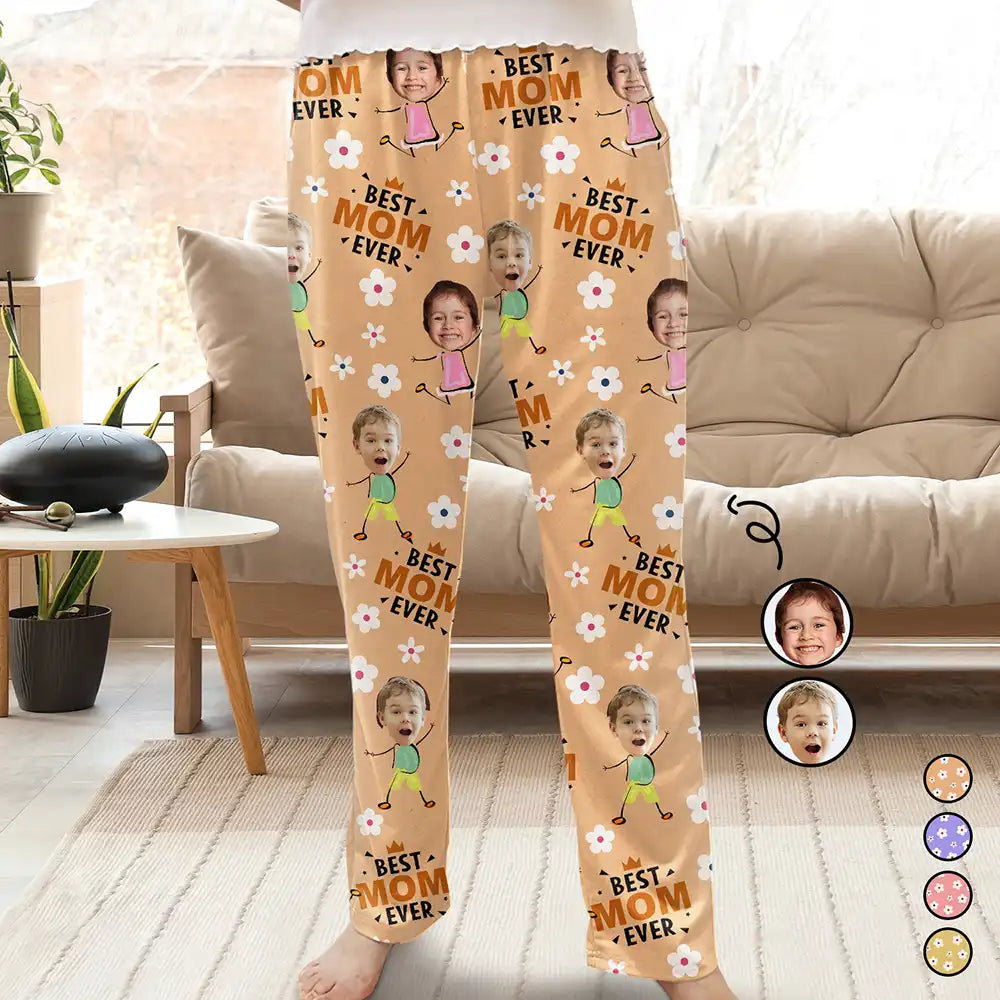 Custom Photo Best Mom Grandma Ever Flower Pattern - Personalized Pajama Pants Cozy Jogger Leggings
