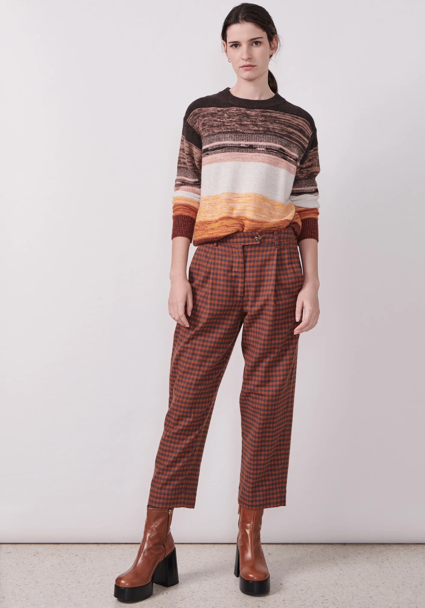POL Clothing Shetland Pant in Fox/Charcoal Print Comfortable Denim Trousers