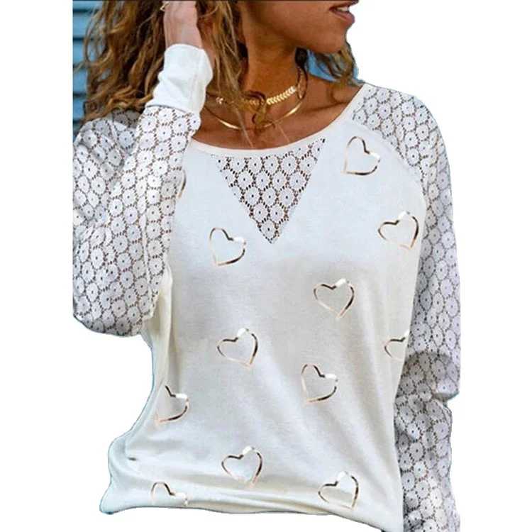 Heart Lace Splicing Raglan Sleeve O-Neck Blouse Asymmetric Hem Blouse