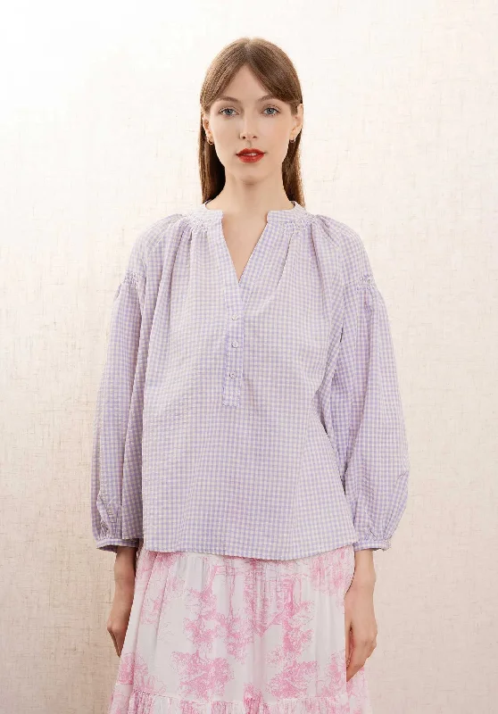 Blouse 5183-1707 Lilac-Checks Delicate Bow Blouse