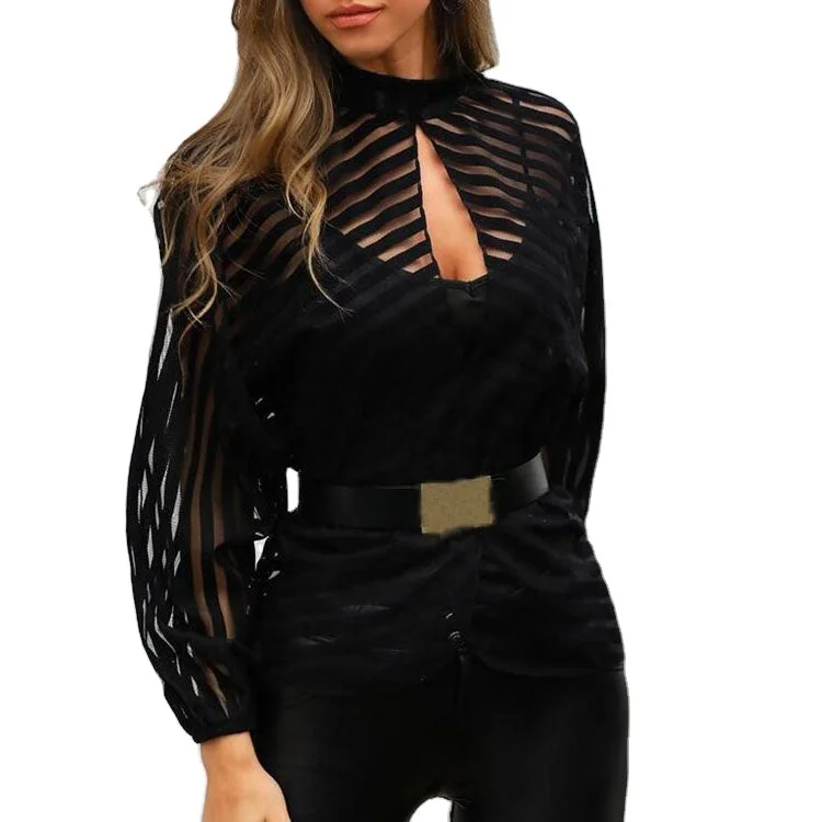 Women Mesh Net Blouse Sheer Long Sleeve Ladies Shirt for Women Black Front Hollow Sexy Tops Womens Clothing Female Blouses Chic Off-Shoulder Blouse