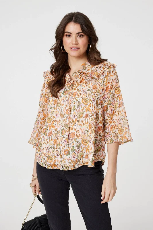 Floral Frill Detail 3/4 Sleeve Blouse Sleeveless Summer Blouse