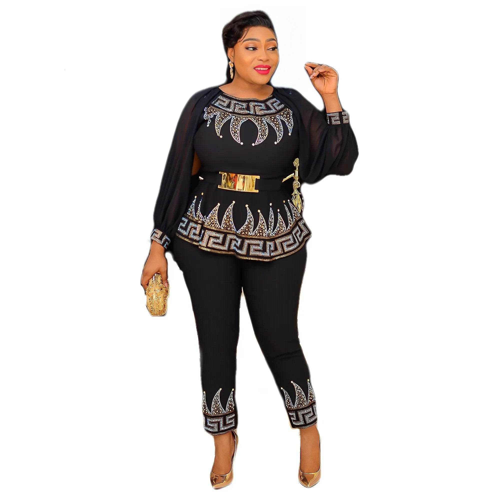 3PC Stunning Fashion Rhinestone Waist Top with Slim Fit Pants Set and Belt Stylish Casual Pants 3PC Stunning Fashion Rhinestone Waist Top with Slim Fit Pants Set and Belt Stylish Casual Pants