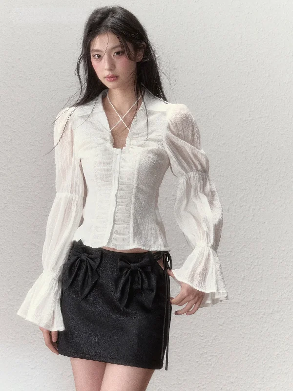 Sheer Puff Sleeve Drawstring Sun Protection Blouse Playful Puff Blouse