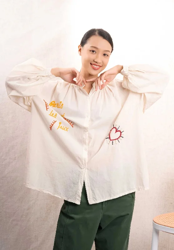 Blouse 18718 Off-White-Heart Casual Button Blouse