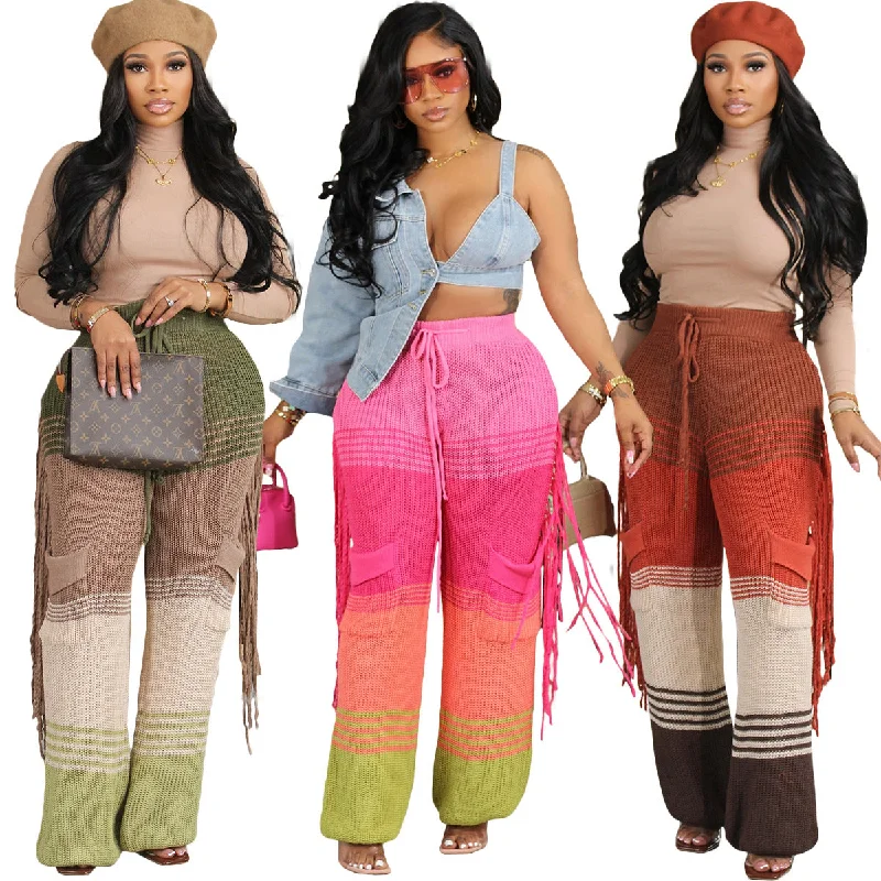 Casual knit colour-block hand-hooked tassels for loose straight-leg pants（CL12011） Elegant High-Waist Pants