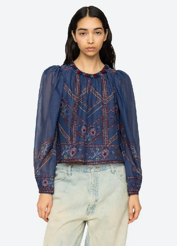 Blouse Valeria Print Pf24-165 Navy Feminine Ruffle Blouse