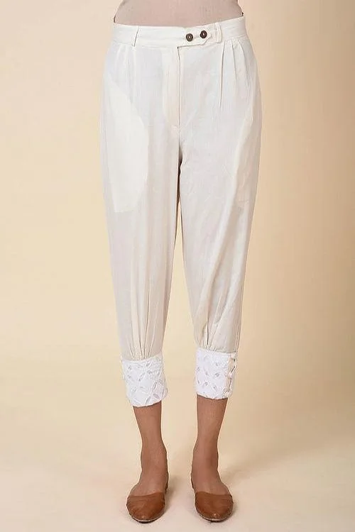 Kora Cuff Pants with Cutwork Embroidery Hem Comfy Cargo Trousers