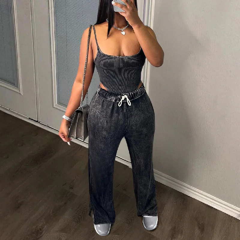 Sling Pit Top Elastic Waist Split Wide Leg Pants Set（CL12059） High-Waist Jogger Pants