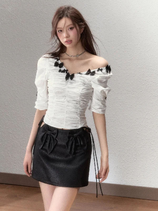 White V-Neck Bowtie Off-Shoulder Blouse Loose Oversized Blouse