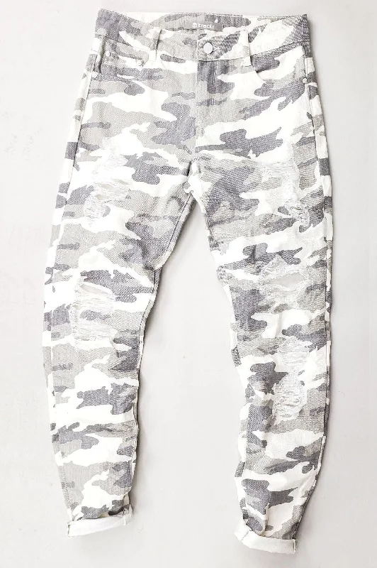High Rise Distressed  Camo Weekender Pants Trendy Wide-Legged Trousers
